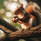 Squirrel sits on branch preparing acorns for hibernation