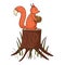 A squirrel sits on a tree stump and holds a nut in its paws. Forest animal on nature. Decorative element with an outline