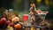 Squirrel in a small shopping cart on a background of autumn leaves and pumpkins