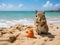 a squirrel standing on sand next to a small plastic toy
