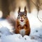 A squirrel is standing in the snow with its mouth open, AI