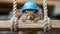 A squirrel wearing a blue hard hat on top of wooden structure, AI