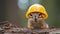 A squirrel wearing a yellow hard hat on top of some dirt, AI