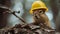 A squirrel wearing a yellow hard hat on top of some logs, AI