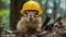 A squirrel wearing a yellow hard hat on top of some logs, AI