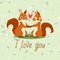 Squirrels couple in love banner, greeting card vector illustration. Cartoon adorable animals holding hands. Flying