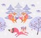 Squirrels drink milk from cups. Cute dreamy fox runs through the winter forest. Wonderful seamless Christmas pattern in vector