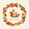 Squirrels surrounded with autumn leaves, branches, acorns, nuts and mushrooms banner vector illustration. Hello autumn