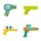Squirt gun water pistol game icons set, flat style
