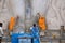 SRAVANABELGOLA, KARNATAKA, MAY 2016, Priests offer worship to gigantic statue of Bahubali, Chandragiri hill