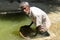 Sri Lanka, Kandy factory worker washes soil in water in search of gems