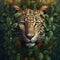 A Sri Lankan Leopard Head Wrapped In Green Leaves On A Background Of Leaves. Generative AI