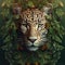 A Sri Lankan Leopard Head Wrapped In Green Leaves On A Background Of Leaves. Generative AI