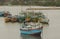 Sri Lankan traditional fishing catamarans, Colorful fishing boats docked docked in the port of Beruwala, Sri Lanka