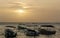 Sri Lankan traditional fishing catamarans, Colorful fishing boats docked docked in the port of Beruwala, Sri Lanka