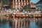 Srinagar, Jammu & Kashmir - June 16 2019: Famous Dal lake with shikaras(boats) in the water. Sunset time