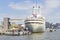 The SS Rotterdam on its permanent location on the quay of Katendrecht in Rotterdam with the various lifts and ramps to board the s