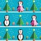 SSeamless pattern with geometrical Mr and Mrs Penguin, gifts with ribbon, snow, Christmas trees with pink lights and star element