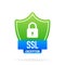 SSL encryption secure badge on white background. Green banner. Vector illustration.