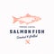 Ssmoked and Grilled Salmon Abstract Vector Sign, Symbol or Logo Template. Hand Drawn Salmon Fish with Classy Retro