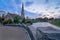 St. Alban`s Church, Copenhagen, reflected in the water at sunset, colorful