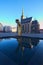 St. Bartholomew`s Cathedral in the main square of Plzen. Cathedral is reflected in the water of the fountain. Early morning view