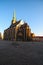 St. Bartholomew`s Cathedral in the main square of Plzen. Early morning view during sunrise