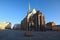 St. Bartholomew`s Cathedral in the main square of Plzen. Early morning view during sunrise.