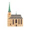 St. Bartholomew's cathedral in Pilsen. Old Czech cathedral with tower. Ancient church in Plzen. Colored flat vector