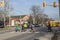 St.Catharines. Ontario. Canada-01.29.2020 pedestrian crossing with traffic light. Eighty year old crossing guard. Children cross t