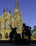 St. Dunstan`s Basilica Cathedral and the bronze statue of two Fathers of Confederation in the beautiful morning in Charlottetown