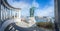 St. Gellert statue and skyline of Budapest with blue sky and moving clouds, Hungary