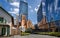 St Georges Anglican  Cathedral reflected in glass windows of modern office block in Perth, WA, Australia