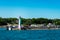 St Ignace lighthouse at the harbor shot on a sunny summer day from a boat on Lake Michigan