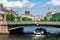 St. Isaac`s Cathedral dome and Bridge of kisses over Moyka river, Saint Petersburg, Russia