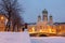 St Isidore`s Church in St. Petersburg, Russia. Griboedov night channel, winter, snow