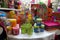 St Ives, Cornwall, UK - April 13 2018: Colourful homeware and decorative items for sale on shelves in a fancy goods store