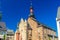 St. Jakobus catholic church building with clock tower spire in Rudesheim am Rhein