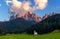 St. Johann San Giovanni in Italian chapel in Val di Funes with the Dolomites Odle group on background. Northern Italy
