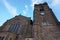 St Johns church clock tower and stained glass window