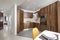 St Julians, Malta - April 28th 2020: Kitchen, dining and entryway area of a light bright modern apartment
