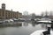 St Katherine Docks with snow and ice, London, UK