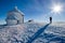 St. Lawrence`s Chapel on Snezka peak. Snowy winter countryside, Snezka mount - Ruzova hora, Krkonose Giant mountains, Czech repu