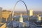 St. Louis arch with Old Courthouse and Mississippi River, MO