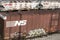 St. Louis, Missouri, United States-circa 2018-Canadian Pacific Railway covered wagon train car and Norfolk Southern boxcar