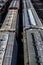 St. Louis, Missouri, United States-circa 2018-covered wagon freight train cars lined up on railroad tracks in trainyard