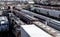 St. Louis, Missouri, United States-circa 2018-multiple lines of train cars lined up on train tracks in trainyard, covered hoppers