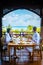 St Lucia caribbean, couple on vacation at Saint Lucia, men and woman in luxury resort during lunch with a look at the