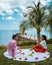 St Lucia caribbean, couple on vacation at Saint Lucia, men and woman in luxury resort during lunch with a look at the