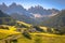 St. Magdalena village with famous church in Val di Funes, Dolomites , Italy